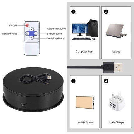PULUZ 15cm Adjustable Speed Rotating Display Turntable Stand showing black turntable, USB cable, remote, and power source options