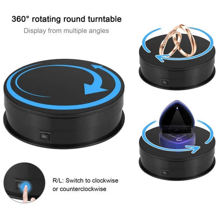PULUZ 15cm Adjustable Speed Rotating Display Turntable Stand showing black 150mm rotating platform with jewelry and LED ring display