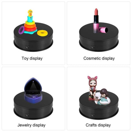 PULUZ 15cm Adjustable Speed Rotating Display Turntable Stand showing toy, cosmetic, jewelry and crafts display on black rotating platform