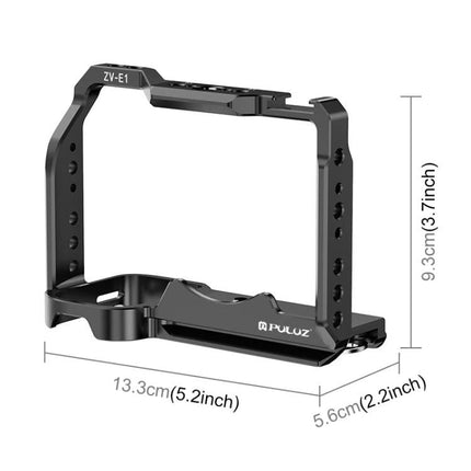 PULUZ Aluminum Alloy Camera Cage for Video Stabilization - black aluminum cage for Sony ZV-E1 with mounting holes and base plate (13.3cm x 9.3cm)