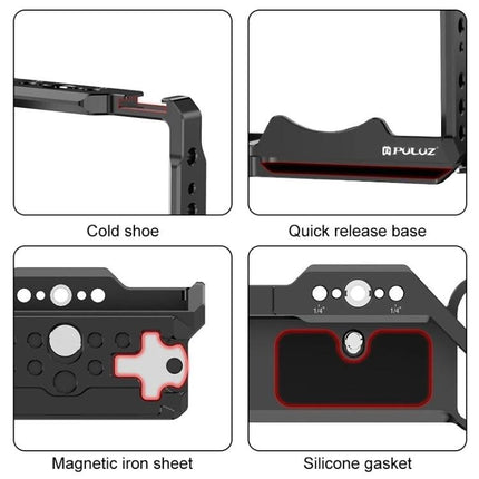 PULUZ Aluminum Alloy Camera Cage for Video Stabilization showing cold shoe, quick release base, magnetic iron sheet and silicone gasket