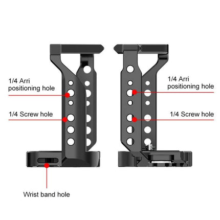 PULUZ Aluminum Alloy Camera Cage for Video Stabilization showing dual 1/4 Arri positioning holes, 1/4 screw holes and wrist band hole