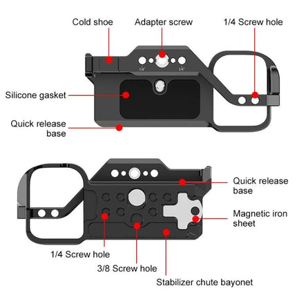 PULUZ Aluminum Alloy Camera Cage for Video Stabilization - black camera cage with cold shoe, quick release base, 1/4 and 3/8 screw holes, silicone gasket