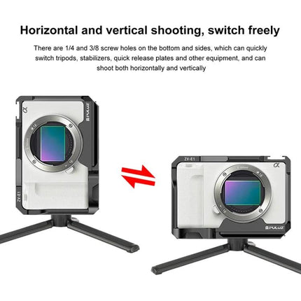 PULUZ Aluminum Alloy Camera Cage for Video Stabilization mounted on Sony ZV‑E1 showing horizontal and vertical shooting orientation