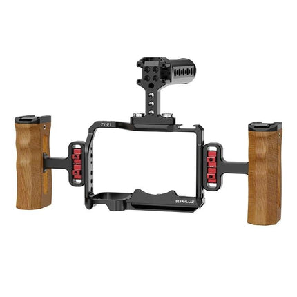 PULUZ Aluminum Alloy Camera Cage for Video Stabilization with wooden side handles and top cold shoe mount for Sony ZV-E1