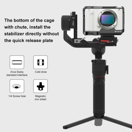 PULUZ Aluminum Alloy Camera Cage for Video Stabilization mounted on gimbal with Sony ZV-E1 showing Arca-Swiss, cold shoe, 1/4 screw hole and magnetic plate