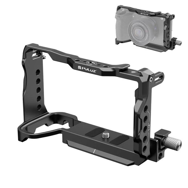 PULUZ Metal Camera Cage Stabilizer Rig for Sony A6700 Cameras showing black aviation aluminum handheld frame with multiple mounting points