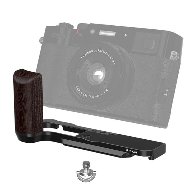 PULUZ Quick Release L Plate for Fujifilm X100VI Camera attached to camera with wooden grip for portrait and landscape shooting