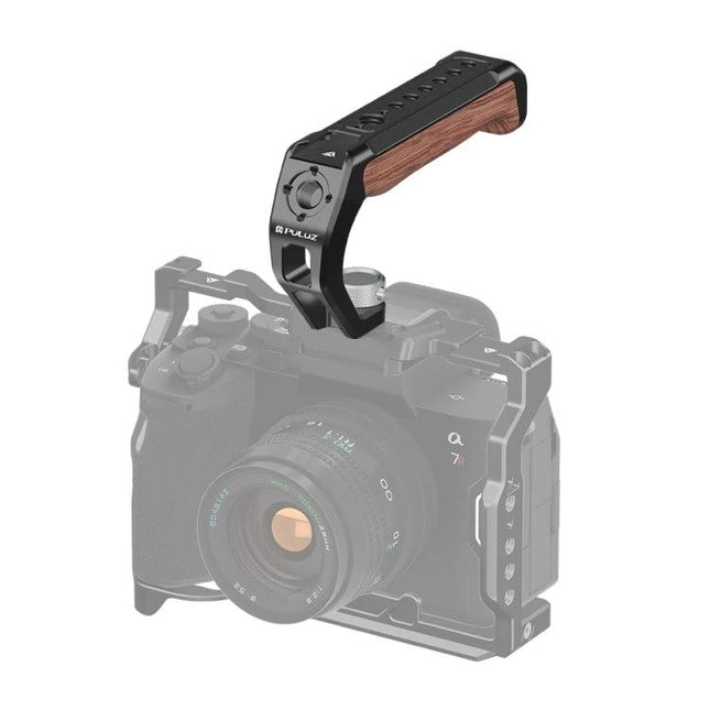 PULUZ Wooden Top Handle with Cold Shoe Mount for Camera Use on aluminum alloy rosewood grip attached to camera for handheld shooting