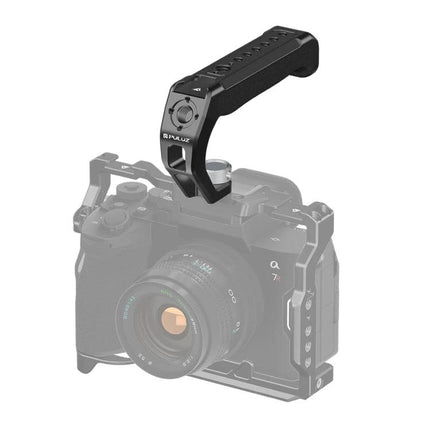 PULUZ Top Handle for Mirrorless Camera Stabilization with Cold Shoe Mount attached to camera cage for steady handheld videography
