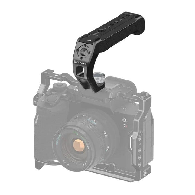 PULUZ Top Handle for Mirrorless Camera Stabilization with Cold Shoe Mount attached to camera cage for steady handheld videography