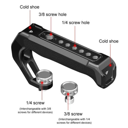 PULUZ Top Handle for Mirrorless Camera Stabilization with Cold Shoe Mount showing cold shoe, 1/4 and 3/8 screw holes and interchangeable screws