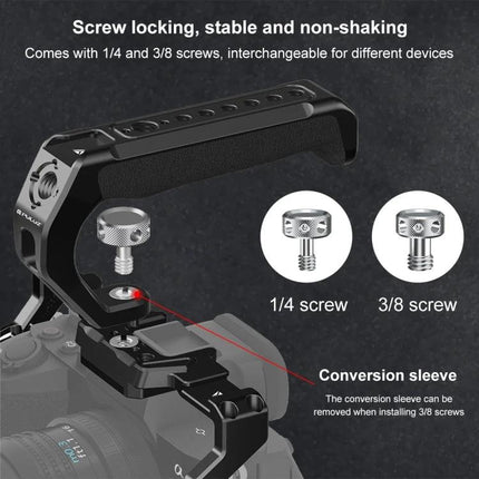 PULUZ Top Handle for Mirrorless Camera Stabilization with Cold Shoe Mount showing screw locking, 1/4 and 3/8 screws and conversion sleeve