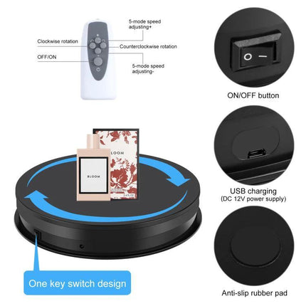 PULUZ 30cm Adjustable Rotating Display Stand for Showcasing Items - black 30cm turntable with remote, USB charging and anti-slip pad
