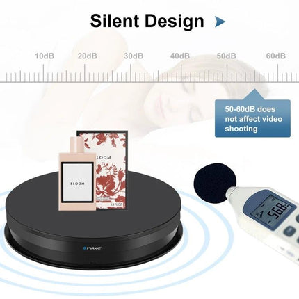 PULUZ 30cm Adjustable Rotating Display Stand for Showcasing Items showing perfume on a silent, low-noise rotating black turntable