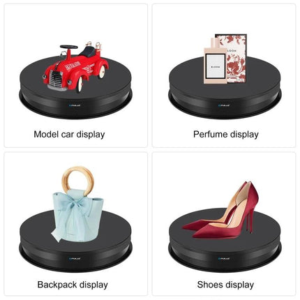 PULUZ 30cm Adjustable Rotating Display Stand for Showcasing Items showcasing model car perfume backpack and shoes on a 30cm rotating platform