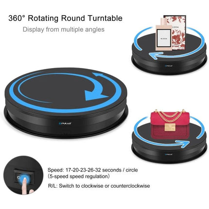PULUZ 30cm Adjustable Speed Rotating Display Stand for Showcasing Items - black 360° turntable for jewelry watches electronics, 5-speed adjustable rotation