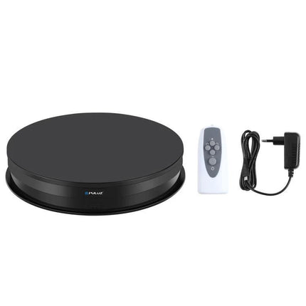PULUZ 30cm Adjustable Speed Rotating Display Stand for Showcasing Items - black turntable with remote and power adapter