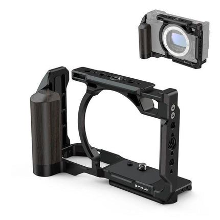 PULUZ Aluminum Camera Cage for Nikon ZR with Wood Handle - black aluminum cage with ergonomic wood handle and accessory mounting points