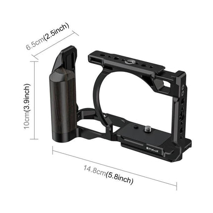 PULUZ Aluminum Camera Cage for Nikon ZR with Wood Handle shown with wooden side handle and mounting points