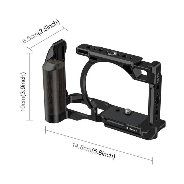 PULUZ Aluminum Camera Cage for Nikon ZR with Wood Handle shown with wooden side handle and mounting points