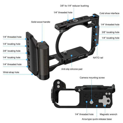 PULUZ Aluminum Camera Cage for Nikon ZR with Wood Handle, black aluminum frame with solid-wood handle, NATO rail, multiple 1/4" and 3/8" threaded holes