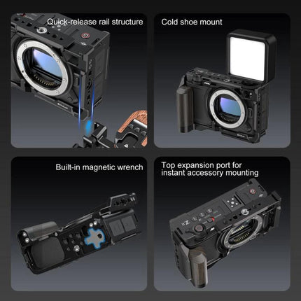 PULUZ Aluminum Camera Cage for Nikon ZR with Wood Handle showing quick-release rail, cold shoe mount, magnetic wrench, and top expansion port