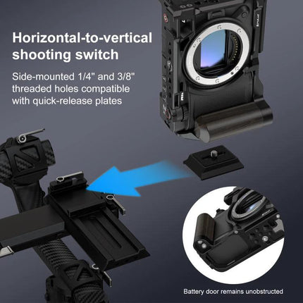 PULUZ Aluminum Camera Cage for Nikon ZR with Wood Handle showing horizontal-to-vertical shooting switch and quick-release plate compatibility