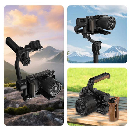 PULUZ Aluminum Camera Cage for Nikon ZR with Wood Handle — rugged aluminum cage with wood handle shown on camera for handheld shooting