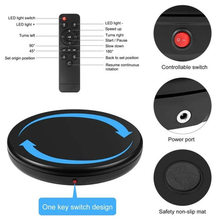 PULUZ 45cm Remote Control Rotating Display Stand for Showcasing Items - black electric turntable with remote, power port, controllable switch, non-slip mat