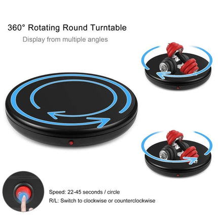 PULUZ 45cm Remote Control Rotating Display Stand for Showcasing Items showing dumbbells on a 360° rotating turntable with remote control