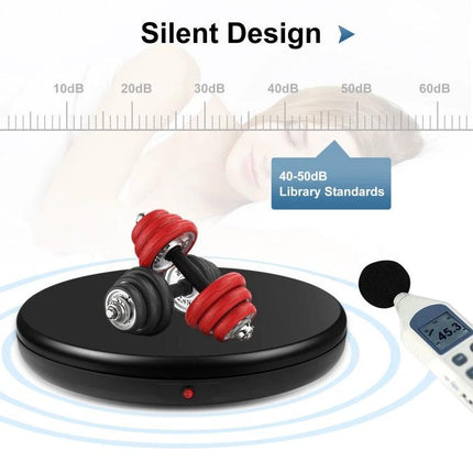 PULUZ 45cm Remote Control Rotating Display Stand for Showcasing Items with silent design 40-50dB showing dumbbells and sound meter