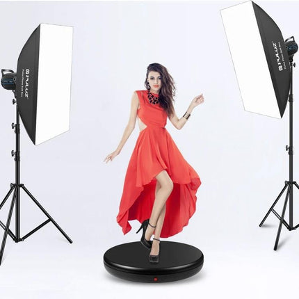 PULUZ 45cm Remote Control Rotating Display Stand for Showcasing Items showing model in red dress on electric turntable with studio lights