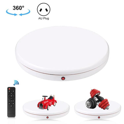PULUZ Remote Control 45cm White Rotating Display Stand showing white 360° turntable with remote and sample items