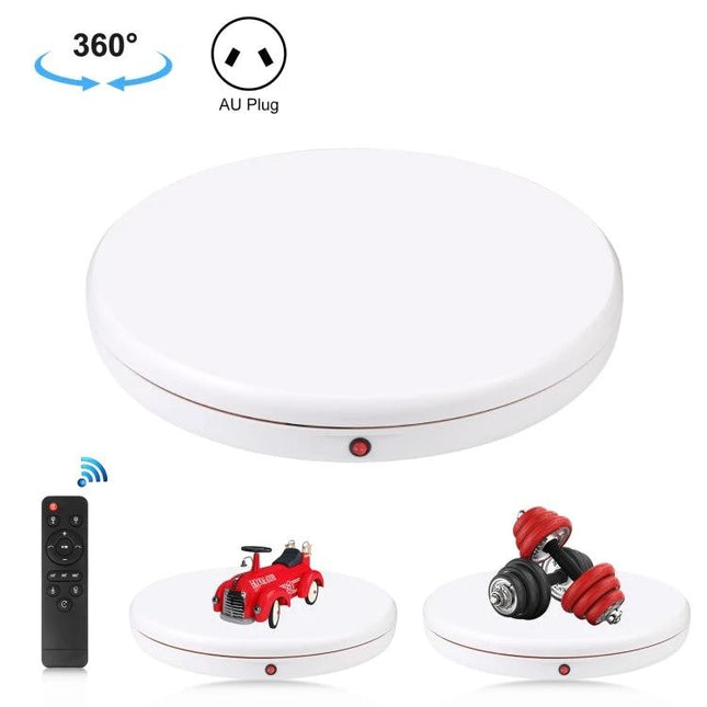 PULUZ Remote Control 45cm White Rotating Display Stand showing white 360° turntable with remote and sample items