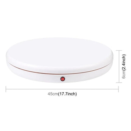 PULUZ Remote Control 45cm White Rotating Display Stand showing low-profile white turntable with remote control sensor and dimensions