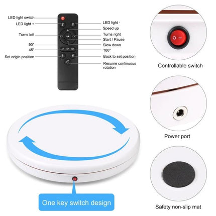 PULUZ Remote Control 45cm White Rotating Display Stand showing remote, power port, switch and non-slip mat