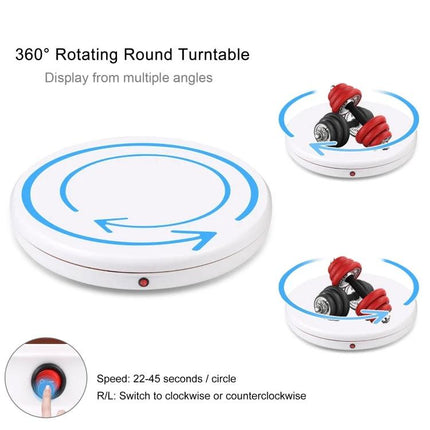 PULUZ Remote Control 45cm White Rotating Display Stand showing 360° turntable with dumbbells and quiet rotation