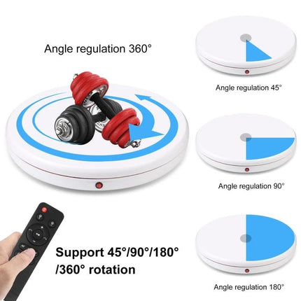 PULUZ Remote Control 45cm White Rotating Display Stand showing adjustable 45°/90°/180°/360° angles with remote and dumbbells