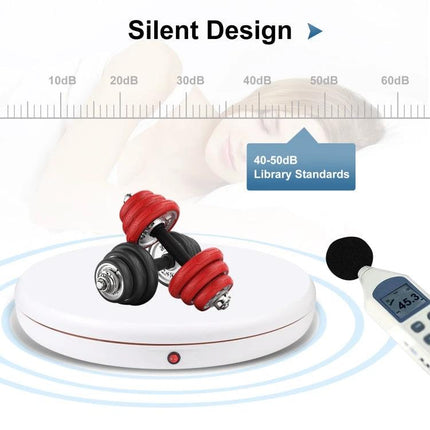 PULUZ Remote Control 45cm White Rotating Display Stand showing silent operation with dumbbells and decibel meter