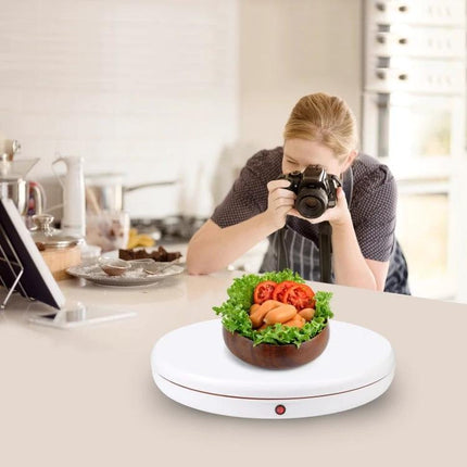 PULUZ Remote Control 45cm White Rotating Display Stand showing food photography setup with camera capturing salad on rotating platform