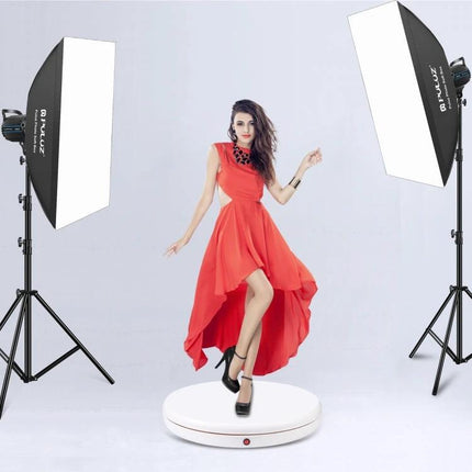 PULUZ Remote Control 45cm White Rotating Display Stand with model in red dress showcased under studio lights
