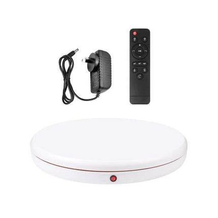 PULUZ Remote Control 45cm White Rotating Display Stand showing white rotating platform with remote and power adapter
