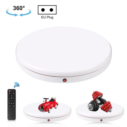 PULUZ Remote Control 45cm White Rotating Display Stand showing white 360° turntable with remote and examples of a toy car and dumbbells