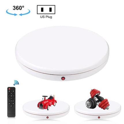 PULUZ Remote Control 45cm White Rotating Display Stand showing white turntable, remote, and sample products