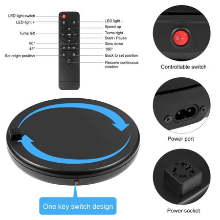 PULUZ 45cm Black Rotating Display Stand For Showcasing Items - black 360° turntable with remote control, power port and one key switch