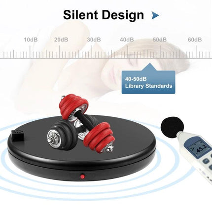 PULUZ 45cm Black Rotating Display Stand For Showcasing Items - silent 360° rotating black plastic turntable showing dumbbells, low 40-50dB noise level