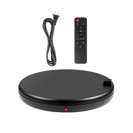 PULUZ 45cm Black Rotating Display Stand For Showcasing Items showing black 45cm turntable with remote and power cord