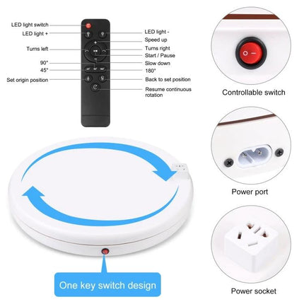 PULUZ White 45cm Rotating Display Stand for Showcasing Items with remote control, controllable switch and power port, white 360° presentation platform