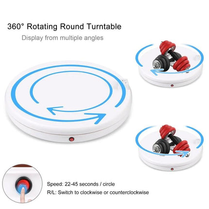 PULUZ White 45cm Rotating Display Stand for Showcasing Items - electric 360° turntable showing dumbbells and arrows